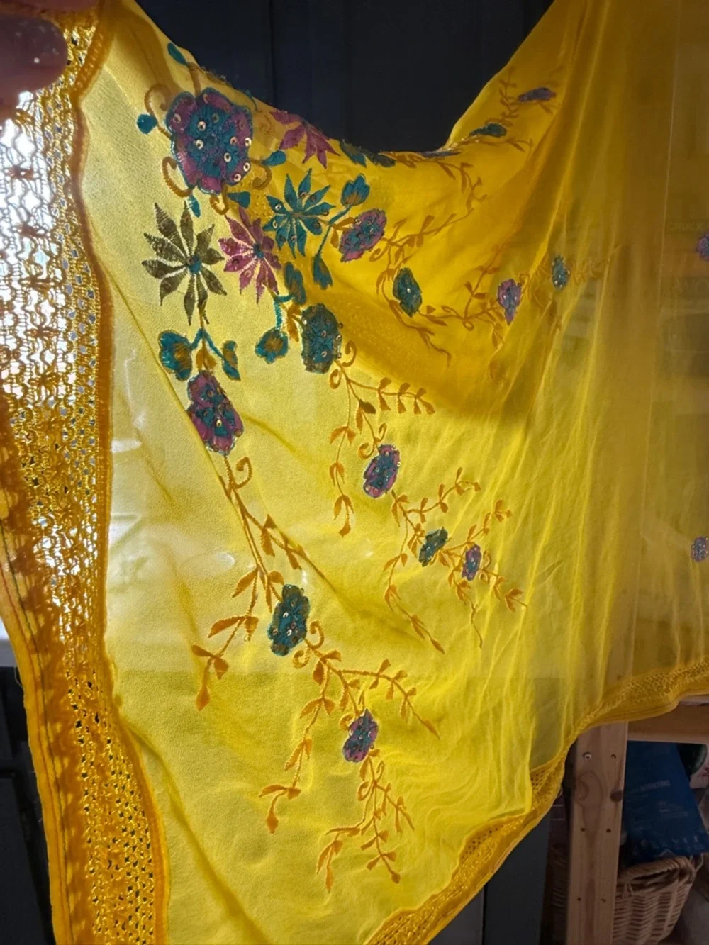Unbranded Yellow Table cloth 40x84”  vintage India Embroidered floral Wrap